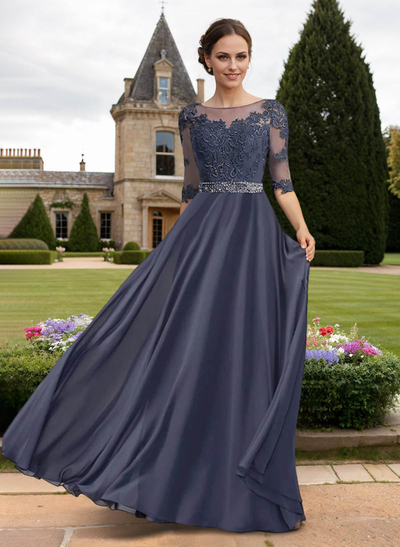 A-Line Illusion Neck 3/4 Sleeves Floor-Length Chiffon/Lace Mother Of The Bride Dresses With Lace