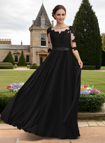 A-Line Illusion Neck 3/4 Sleeves Floor-Length Chiffon/Lace Mother Of The Bride Dresses With Lace