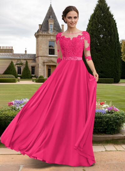 A-Line Illusion Neck 3/4 Sleeves Floor-Length Chiffon/Lace Mother Of The Bride Dresses With Lace