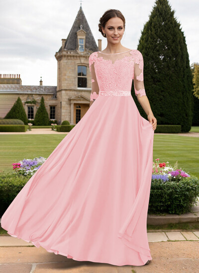 A-Line Illusion Neck 3/4 Sleeves Floor-Length Chiffon/Lace Mother Of The Bride Dresses With Lace