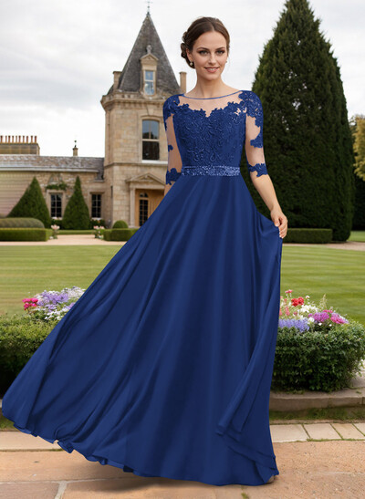 A-Line Illusion Neck 3/4 Sleeves Floor-Length Chiffon/Lace Mother Of The Bride Dresses With Lace