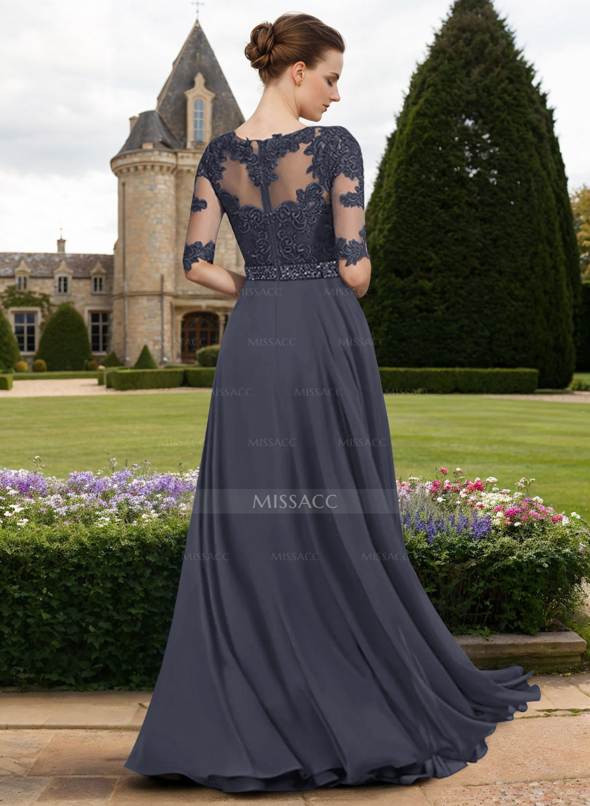 A-Line Illusion Neck 3/4 Sleeves Floor-Length Chiffon/Lace Mother Of The Bride Dresses With Lace