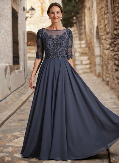 A-Line Illusion Neck 3/4 Sleeves Floor-Length Chiffon/Lace Mother Of The Bride Dresses With Lace