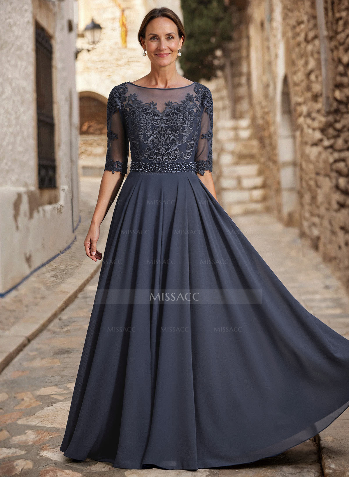A-Line Illusion Neck 3/4 Sleeves Floor-Length Chiffon/Lace Mother Of The Bride Dresses With Lace