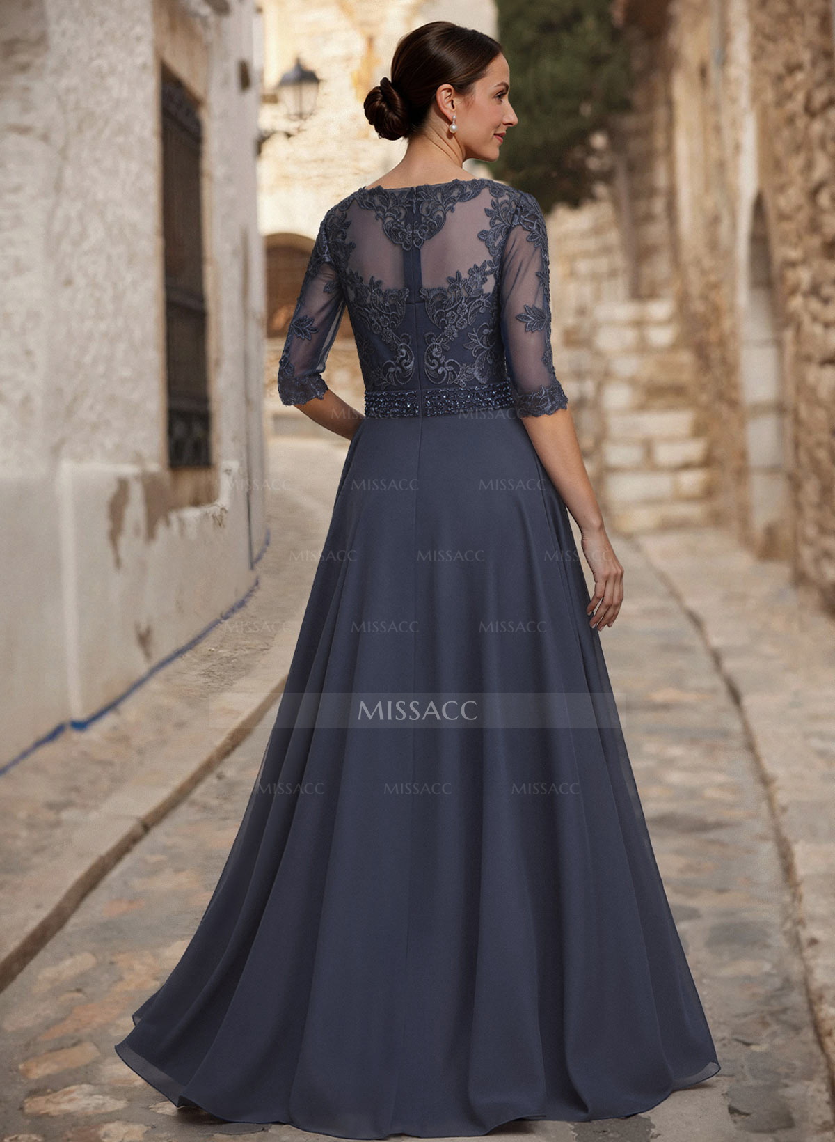 A-Line Illusion Neck 3/4 Sleeves Floor-Length Chiffon/Lace Mother Of The Bride Dresses With Lace