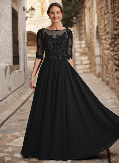 A-Line Illusion Neck 3/4 Sleeves Floor-Length Chiffon/Lace Mother Of The Bride Dresses With Lace