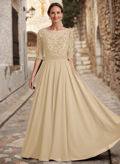 A-Line Illusion Neck 3/4 Sleeves Floor-Length Chiffon/Lace Mother Of The Bride Dresses With Lace