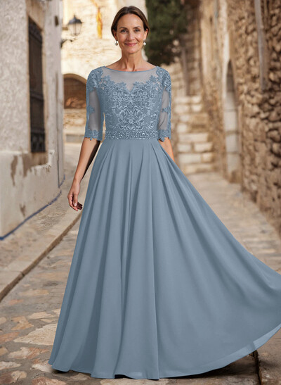 A-Line Illusion Neck 3/4 Sleeves Floor-Length Chiffon/Lace Mother Of The Bride Dresses With Lace