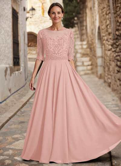 A-Line Illusion Neck 3/4 Sleeves Floor-Length Chiffon/Lace Mother Of The Bride Dresses With Lace