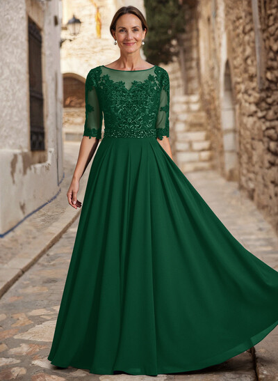 A-Line Illusion Neck 3/4 Sleeves Floor-Length Chiffon/Lace Mother Of The Bride Dresses With Lace