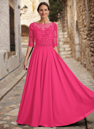 A-Line Illusion Neck 3/4 Sleeves Floor-Length Chiffon/Lace Mother Of The Bride Dresses With Lace