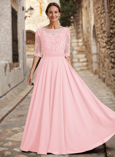 A-Line Illusion Neck 3/4 Sleeves Floor-Length Chiffon/Lace Mother Of The Bride Dresses With Lace