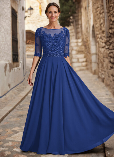 A-Line Illusion Neck 3/4 Sleeves Floor-Length Chiffon/Lace Mother Of The Bride Dresses With Lace