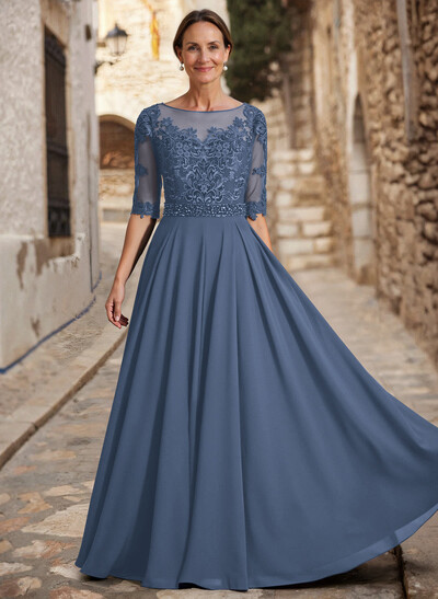 A-Line Illusion Neck 3/4 Sleeves Floor-Length Chiffon/Lace Mother Of The Bride Dresses With Lace
