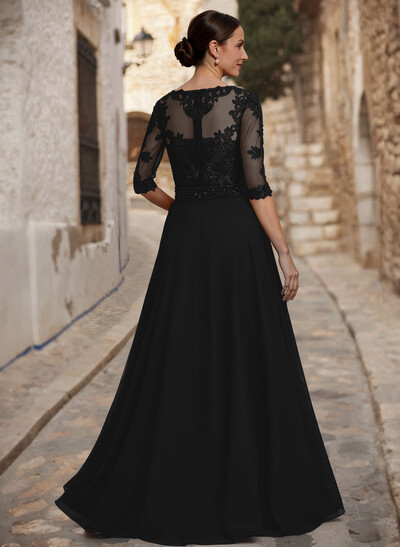 A-Line Illusion Neck 3/4 Sleeves Floor-Length Chiffon/Lace Mother Of The Bride Dresses With Lace