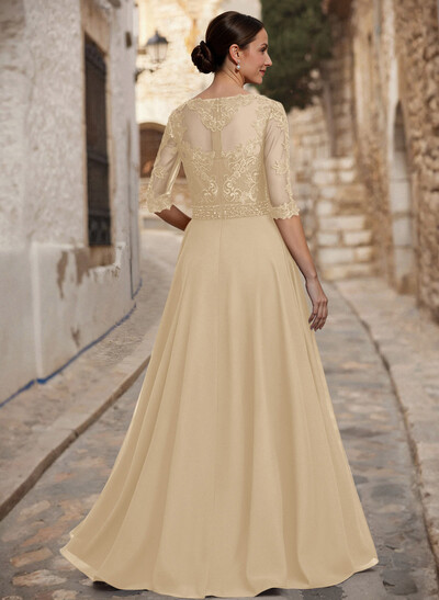 A-Line Illusion Neck 3/4 Sleeves Floor-Length Chiffon/Lace Mother Of The Bride Dresses With Lace