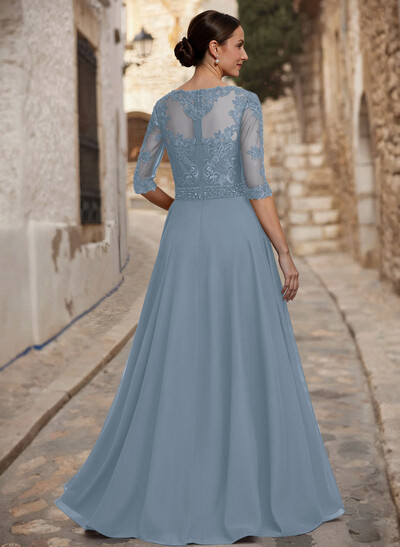 A-Line Illusion Neck 3/4 Sleeves Floor-Length Chiffon/Lace Mother Of The Bride Dresses With Lace