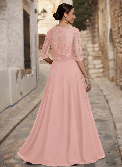 A-Line Illusion Neck 3/4 Sleeves Floor-Length Chiffon/Lace Mother Of The Bride Dresses With Lace