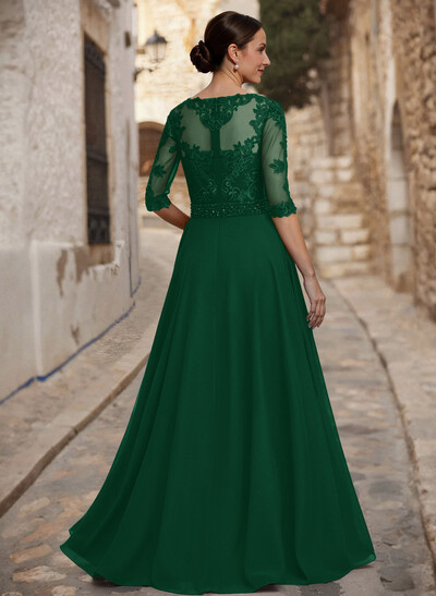 A-Line Illusion Neck 3/4 Sleeves Floor-Length Chiffon/Lace Mother Of The Bride Dresses With Lace