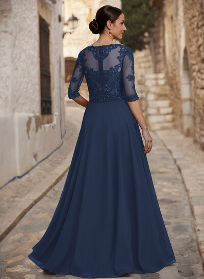 A-Line Illusion Neck 3/4 Sleeves Floor-Length Chiffon/Lace Mother Of The Bride Dresses With Lace