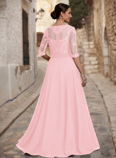 A-Line Illusion Neck 3/4 Sleeves Floor-Length Chiffon/Lace Mother Of The Bride Dresses With Lace