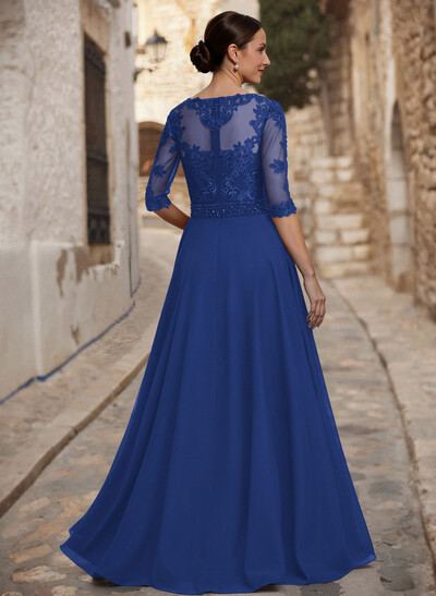 A-Line Illusion Neck 3/4 Sleeves Floor-Length Chiffon/Lace Mother Of The Bride Dresses With Lace