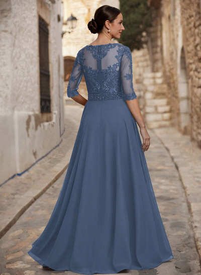 A-Line Illusion Neck 3/4 Sleeves Floor-Length Chiffon/Lace Mother Of The Bride Dresses With Lace