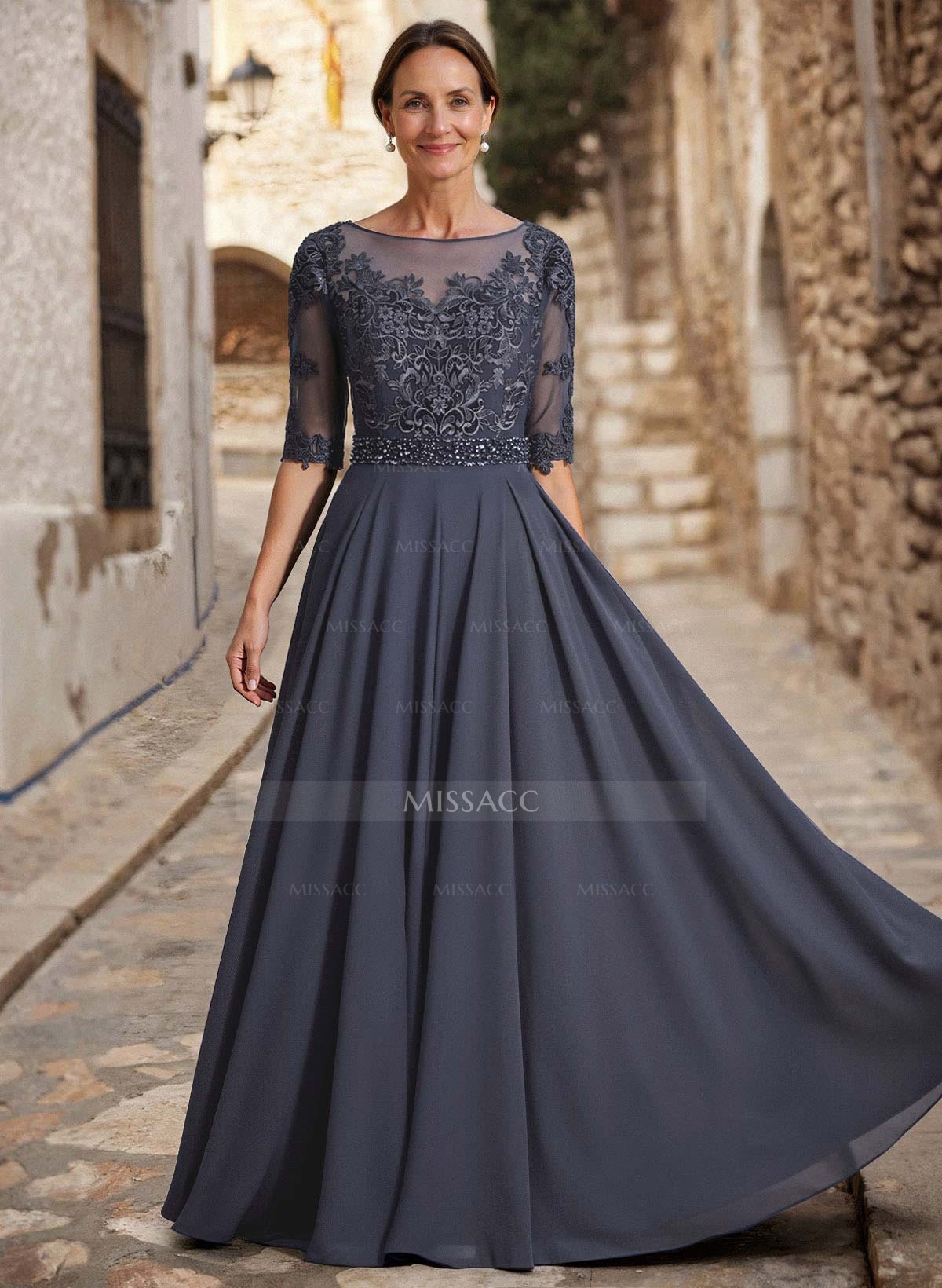 A-Line Illusion Neck 3/4 Sleeves Floor-Length Chiffon/Lace Mother Of The Bride Dresses With Lace