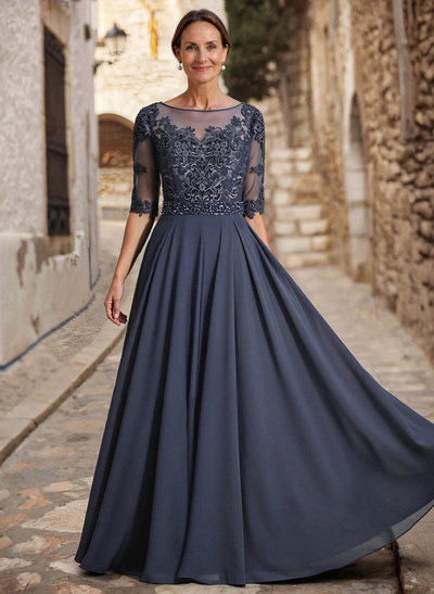A-Line Illusion Neck 3/4 Sleeves Floor-Length Chiffon/Lace Mother Of The Bride Dresses With Lace