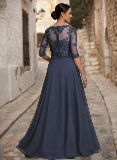 A-Line Illusion Neck 3/4 Sleeves Floor-Length Chiffon/Lace Mother Of The Bride Dresses With Lace