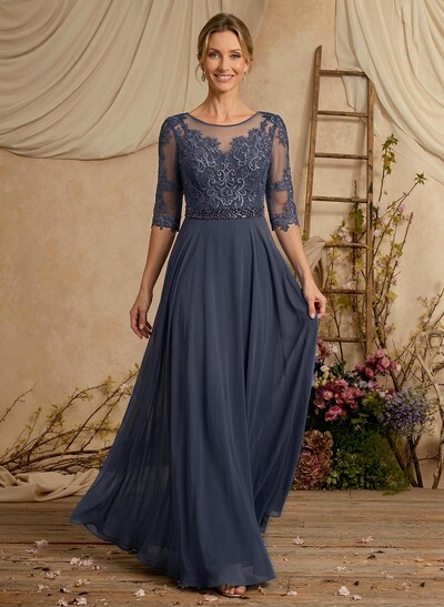 A-Line Illusion Neck 3/4 Sleeves Floor-Length Chiffon/Lace Mother Of The Bride Dresses With Lace