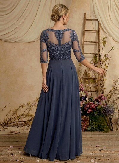 A-Line Illusion Neck 3/4 Sleeves Floor-Length Chiffon/Lace Mother Of The Bride Dresses With Lace