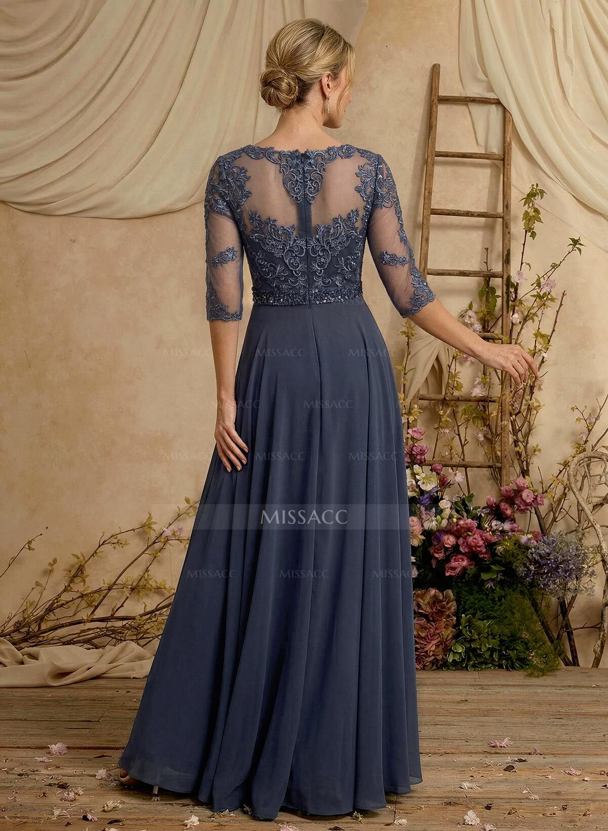 A-Line Illusion Neck 3/4 Sleeves Floor-Length Chiffon/Lace Mother Of The Bride Dresses With Lace
