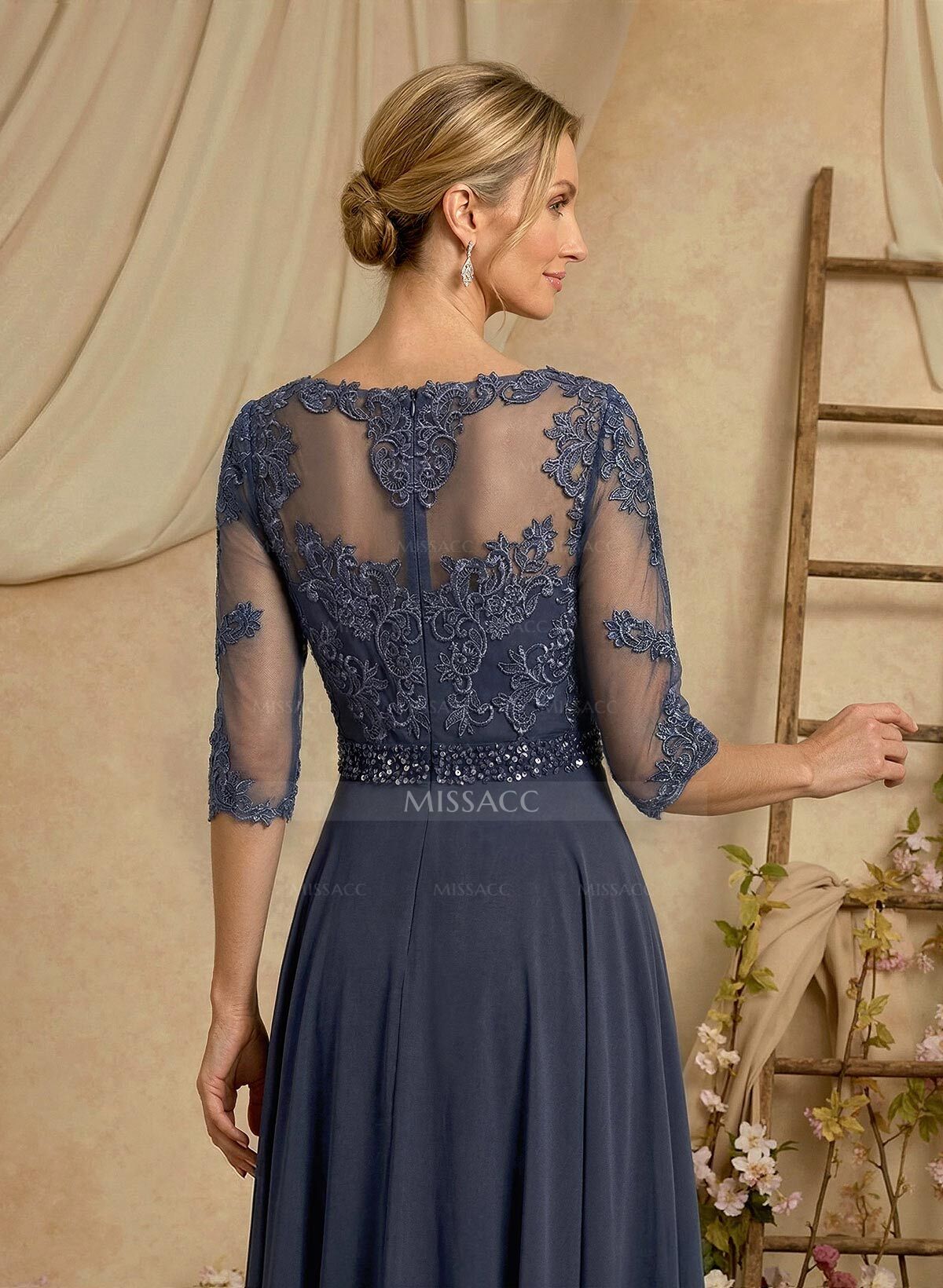 A-Line Illusion Neck 3/4 Sleeves Floor-Length Chiffon/Lace Mother Of The Bride Dresses With Lace