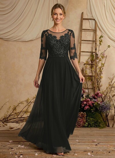 A-Line Illusion Neck 3/4 Sleeves Floor-Length Chiffon/Lace Mother Of The Bride Dresses With Lace