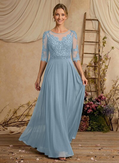 A-Line Illusion Neck 3/4 Sleeves Floor-Length Chiffon/Lace Mother Of The Bride Dresses With Lace