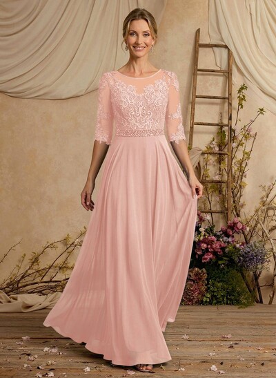 A-Line Illusion Neck 3/4 Sleeves Floor-Length Chiffon/Lace Mother Of The Bride Dresses With Lace