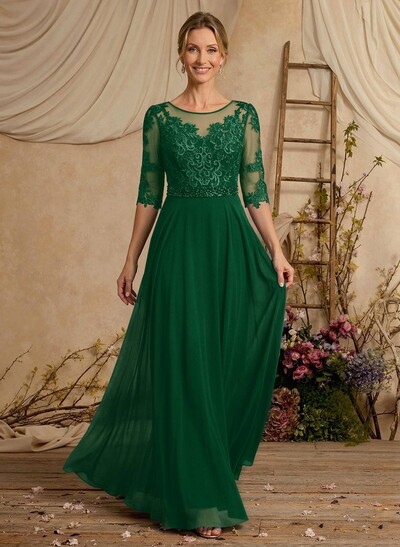 A-Line Illusion Neck 3/4 Sleeves Floor-Length Chiffon/Lace Mother Of The Bride Dresses With Lace