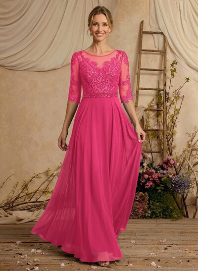 A-Line Illusion Neck 3/4 Sleeves Floor-Length Chiffon/Lace Mother Of The Bride Dresses With Lace
