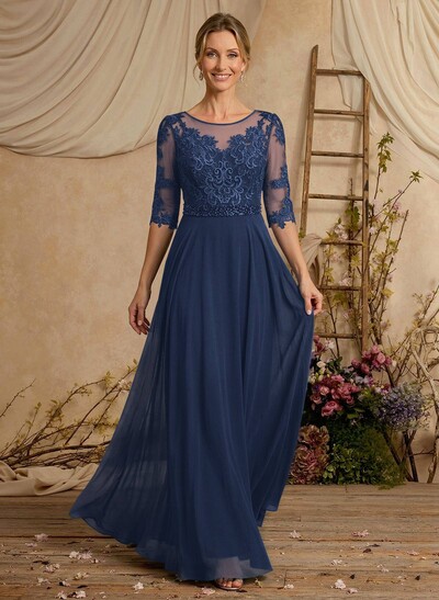 A-Line Illusion Neck 3/4 Sleeves Floor-Length Chiffon/Lace Mother Of The Bride Dresses With Lace