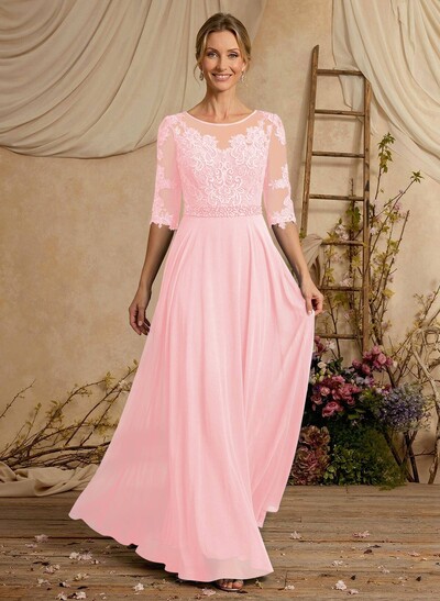 A-Line Illusion Neck 3/4 Sleeves Floor-Length Chiffon/Lace Mother Of The Bride Dresses With Lace
