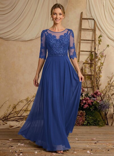 A-Line Illusion Neck 3/4 Sleeves Floor-Length Chiffon/Lace Mother Of The Bride Dresses With Lace