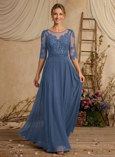 A-Line Illusion Neck 3/4 Sleeves Floor-Length Chiffon/Lace Mother Of The Bride Dresses With Lace