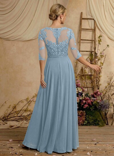 A-Line Illusion Neck 3/4 Sleeves Floor-Length Chiffon/Lace Mother Of The Bride Dresses With Lace
