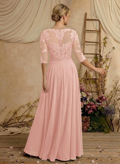 A-Line Illusion Neck 3/4 Sleeves Floor-Length Chiffon/Lace Mother Of The Bride Dresses With Lace