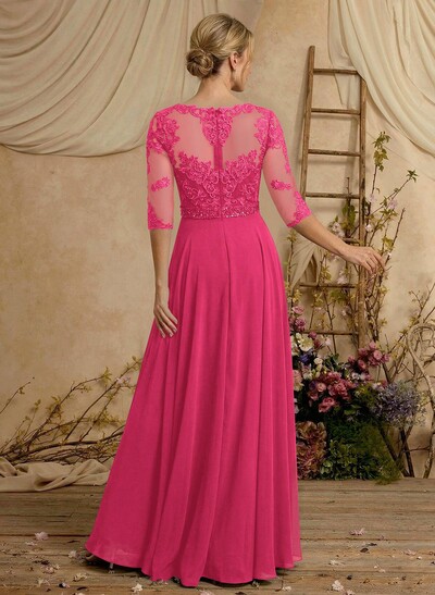 A-Line Illusion Neck 3/4 Sleeves Floor-Length Chiffon/Lace Mother Of The Bride Dresses With Lace