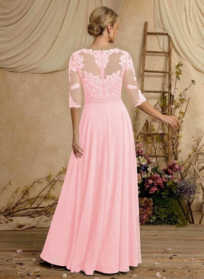 A-Line Illusion Neck 3/4 Sleeves Floor-Length Chiffon/Lace Mother Of The Bride Dresses With Lace