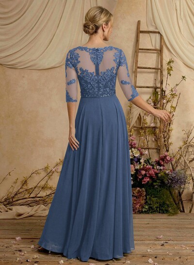 A-Line Illusion Neck 3/4 Sleeves Floor-Length Chiffon/Lace Mother Of The Bride Dresses With Lace