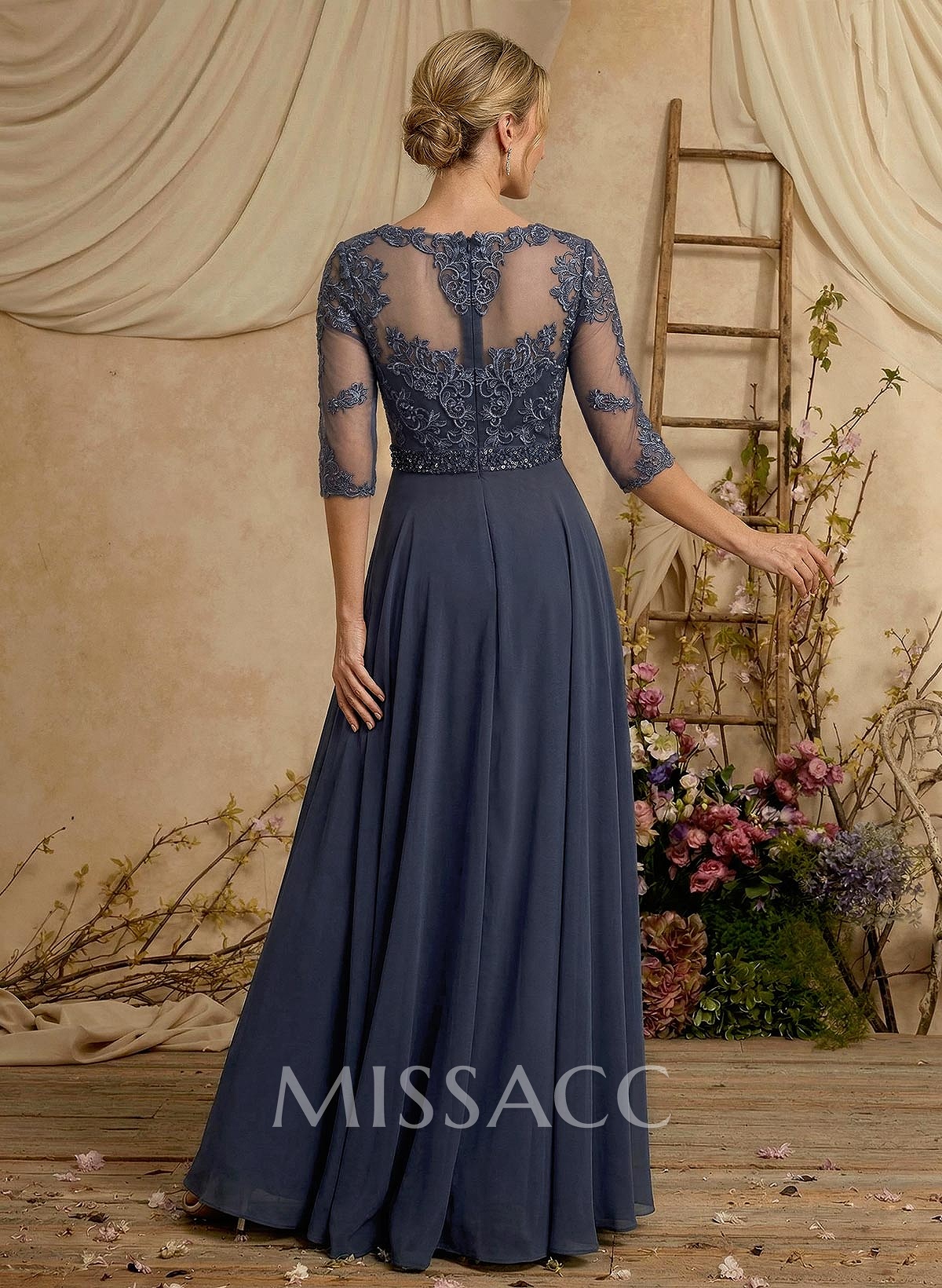 A-Line Illusion Neck 3/4 Sleeves Floor-Length Chiffon/Lace Mother Of The Bride Dresses With Lace A-Line Illusion Neck 3/4 Sleeves Floor-Length Chiffon/Lace Mother Of The Bride Dresses With Lace