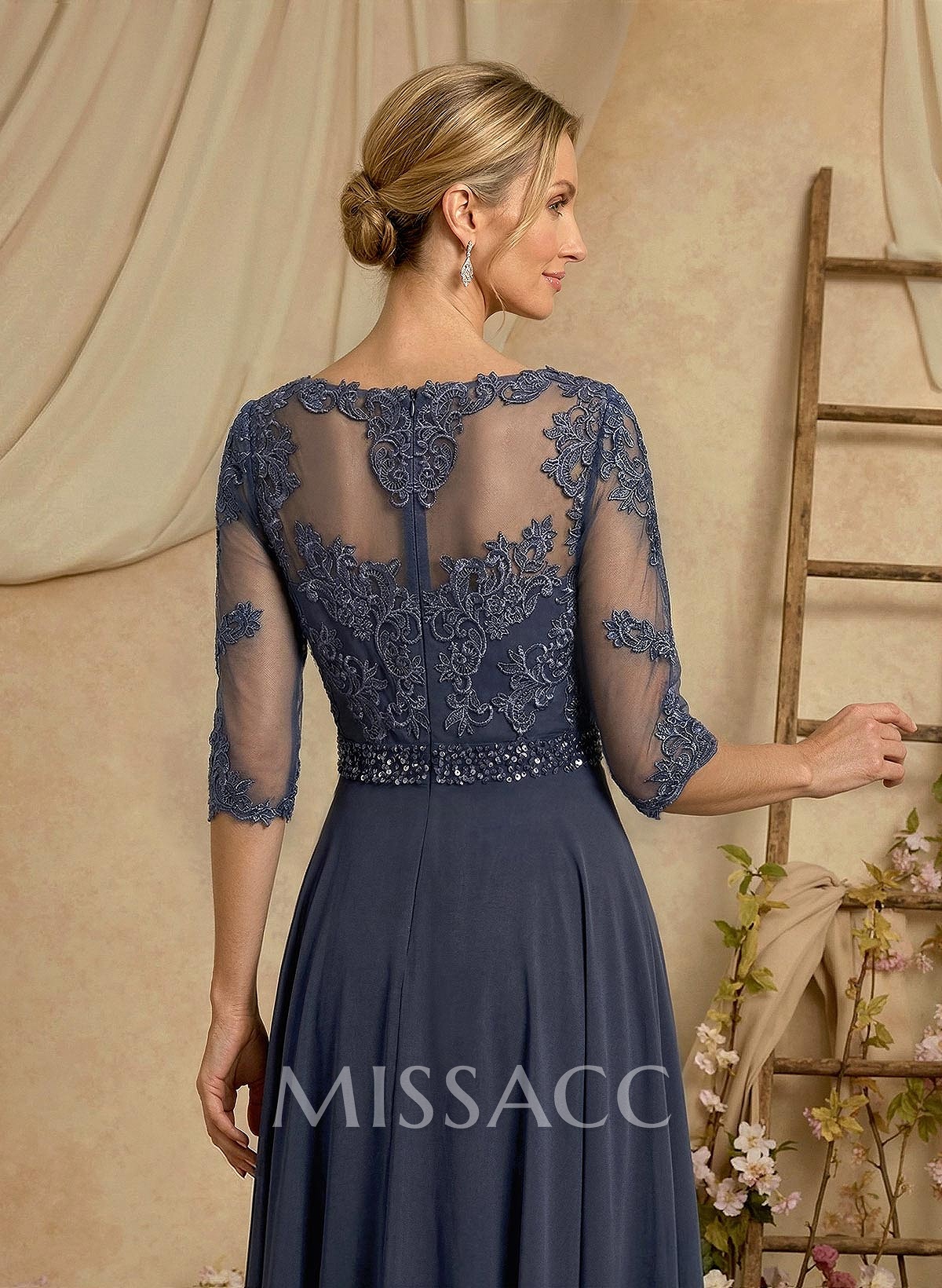 A-Line Illusion Neck 3/4 Sleeves Floor-Length Chiffon/Lace Mother Of The Bride Dresses With Lace A-Line Illusion Neck 3/4 Sleeves Floor-Length Chiffon/Lace Mother Of The Bride Dresses With Lace